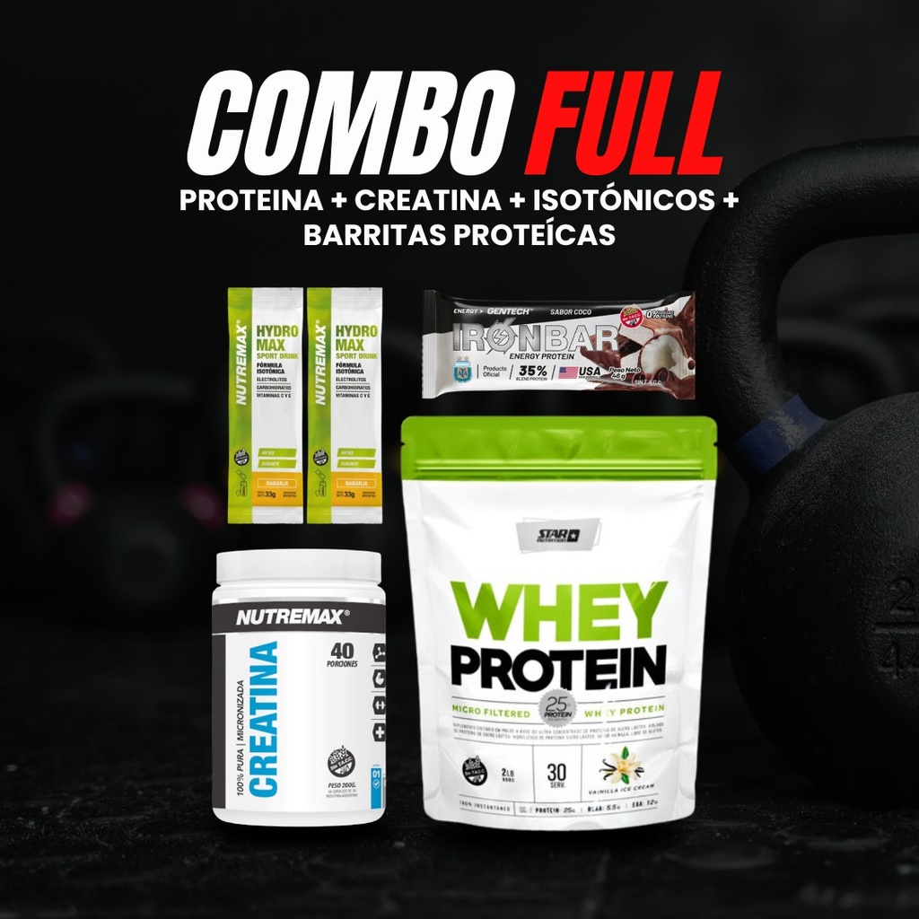 COMBO FULL - PROTEINA + CREATINA + ISOTONICO x2 + BARRITA