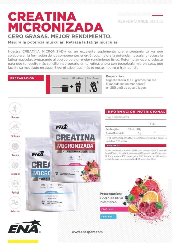 CREATINA MICRONIZADA FRUIT PUNCH 300g ENA INFO NUTRI