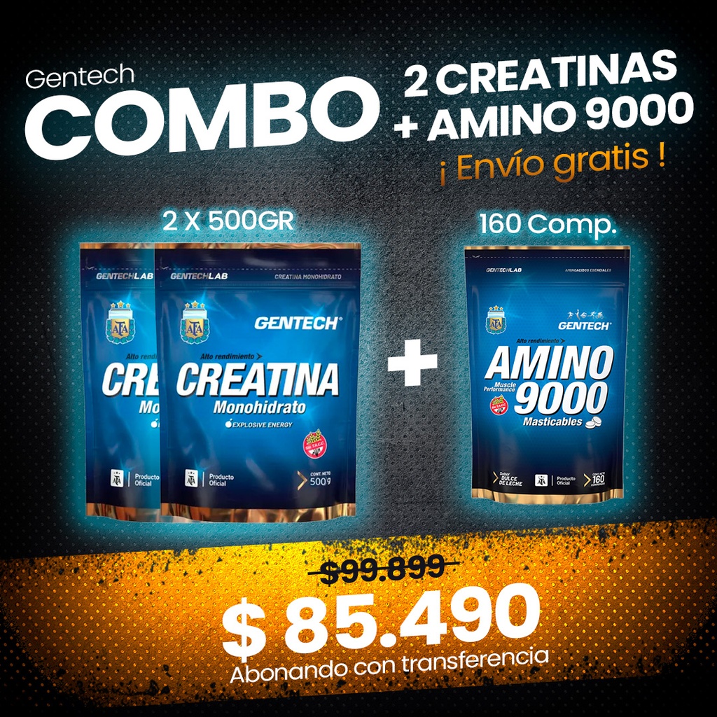 COMBO 2 CREATINA 500 GRMS GENTECH + AMINO 9000 DULCE DE LECHE  + ENVIO GRATIS