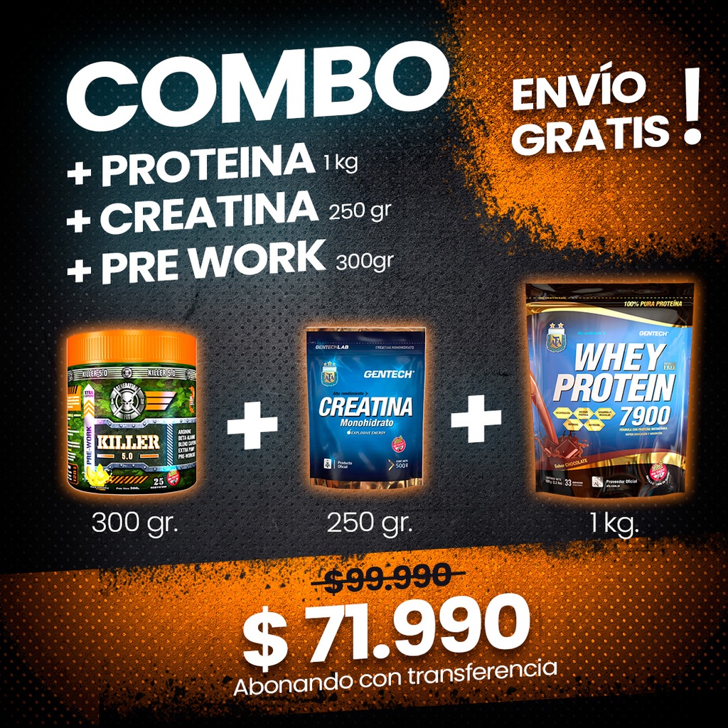 COMBO CREATINA 250G GENTECH + PRE WORK KILLER + PROTE 1KG GENTECH