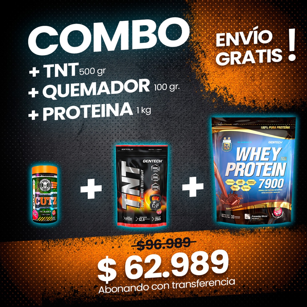 COMBO TNT 500Grm GENTECH + QUEMADOR CUTZ + 1KG PROTEINA GENTECH