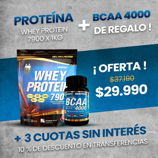 PROTEINA WHEY PROTEIN 7900 X 1kg + BCAA 4000 DE REGALO GENTECH